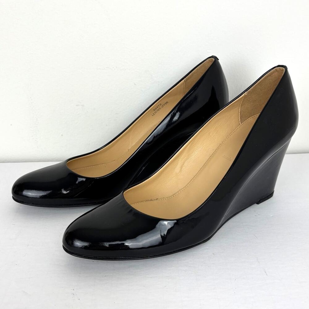 J.Crew Martina Patent Leather Wedge Heels 8 Almond Toe Black made in Italy 50472